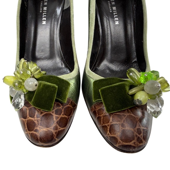 Karen Millen Green Metallic Crocodile Embossed Heels Size 37.5 US 6.5 Velvet Bow - Picture 5 of 11